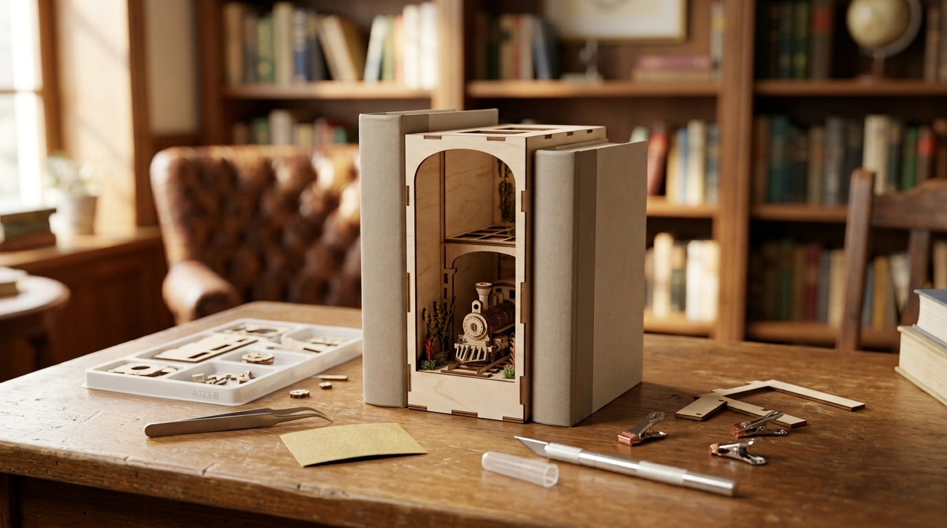 Vintage Wooden Train Book Nook Kit: DIY 3D Puzzle